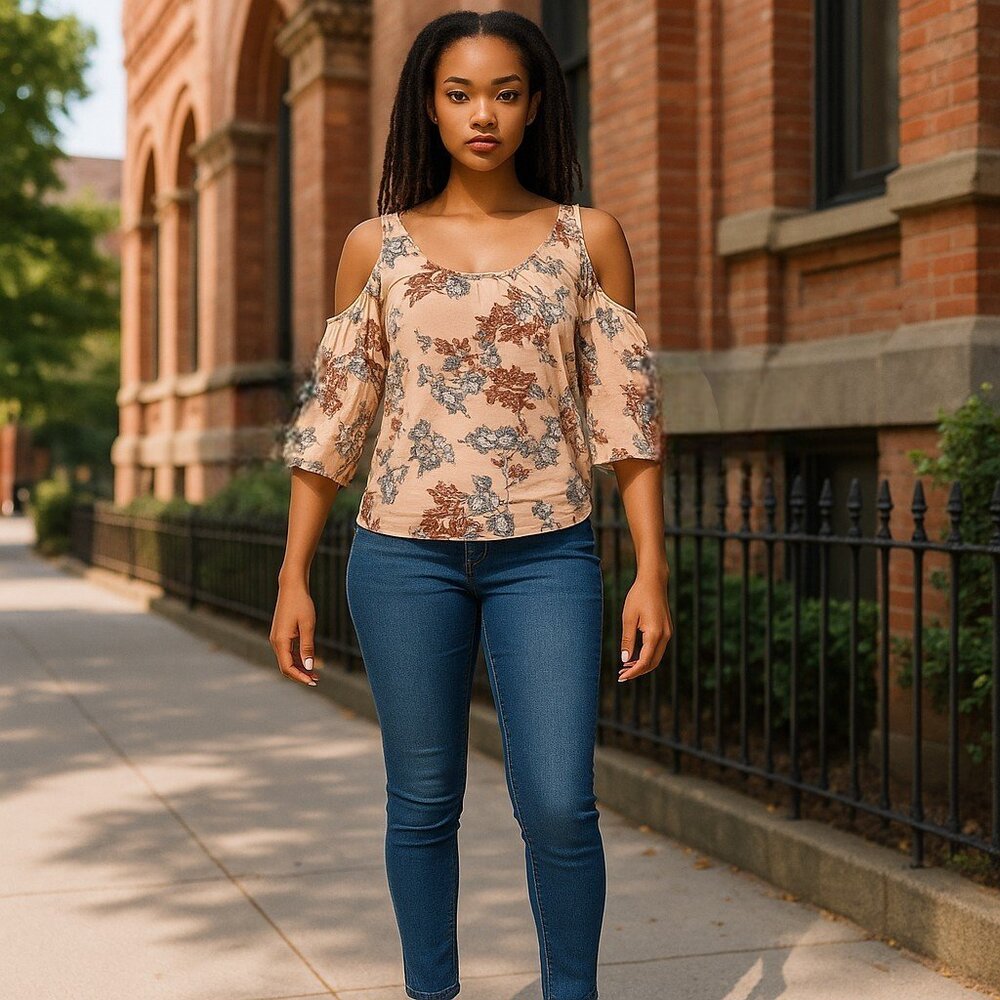 3/4 Sleeve Shoulder Out top Floral Peach , Coral Top